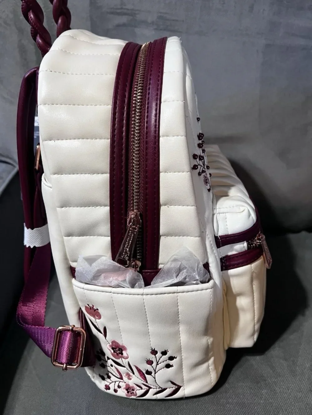 Loungefly Backpack Ivory Quilted Floral Embroidery Burgundy Accents NWT